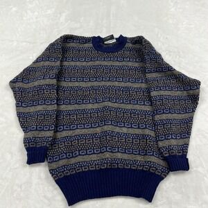 Preswick & Moore Sweater Mens Medium Blue Wool Fair Isle Geometric Made England